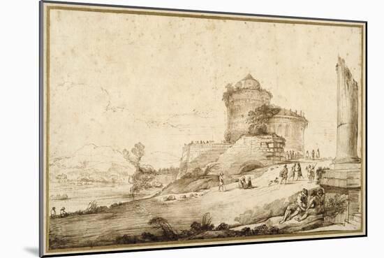 Landscape with a Broken Column, a Castle and Numerous Figures in the Foreground at the Right-Guercino (Giovanni Francesco Barbieri)-Mounted Giclee Print