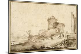 Landscape with a Broken Column, a Castle and Numerous Figures in the Foreground at the Right-Guercino (Giovanni Francesco Barbieri)-Mounted Giclee Print