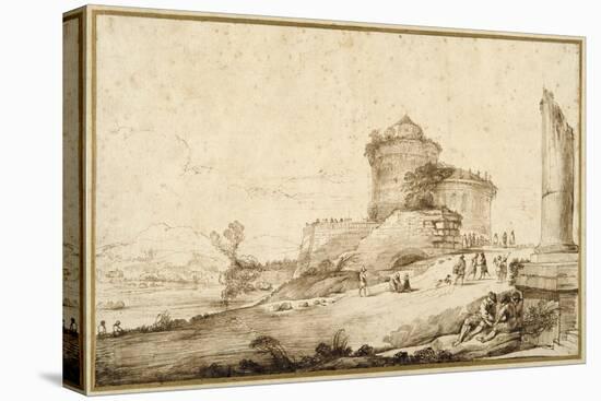 Landscape with a Broken Column, a Castle and Numerous Figures in the Foreground at the Right-Guercino (Giovanni Francesco Barbieri)-Stretched Canvas