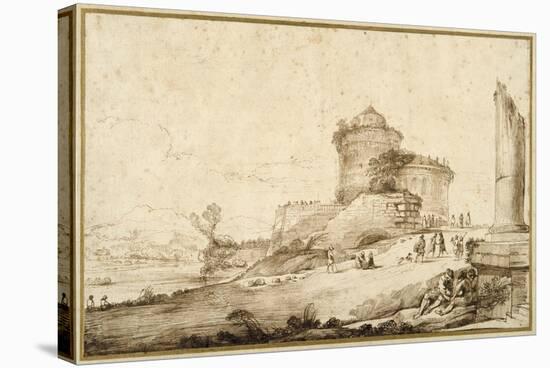 Landscape with a Broken Column, a Castle and Numerous Figures in the Foreground at the Right-Guercino (Giovanni Francesco Barbieri)-Stretched Canvas