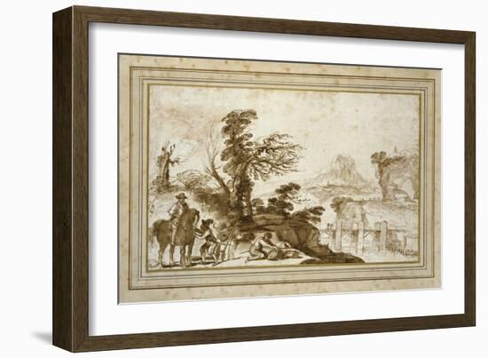 Landscape with a Horseman and a Bridge (Pen and Wash in Brown Ink with Some Black Chalk on Off-Whit-Guercino-Framed Giclee Print