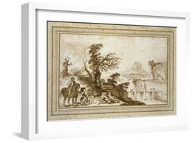 Landscape with a Horseman and a Bridge (Pen and Wash in Brown Ink with Some Black Chalk on Off-Whit-Guercino-Framed Giclee Print