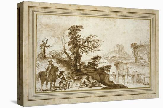 Landscape with a Horseman and a Bridge (Pen and Wash in Brown Ink with Some Black Chalk on Off-Whit-Guercino-Stretched Canvas