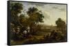 Landscape with a Hunting Party, C.1655-60 (Oil on Wood)-Nicolaes Pietersz Berchem-Framed Stretched Canvas