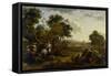 Landscape with a Hunting Party, C.1655-60 (Oil on Wood)-Nicolaes Pietersz Berchem-Framed Stretched Canvas