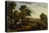 Landscape with a Hunting Party, C.1655-60 (Oil on Wood)-Nicolaes Pietersz Berchem-Stretched Canvas
