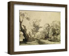 Landscape with a Path, an Almost Dead Tree on the Left and a Footbridge Leading to a Farm-Rembrandt van Rijn-Framed Giclee Print