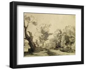 Landscape with a Path, an Almost Dead Tree on the Left and a Footbridge Leading to a Farm-Rembrandt van Rijn-Framed Giclee Print