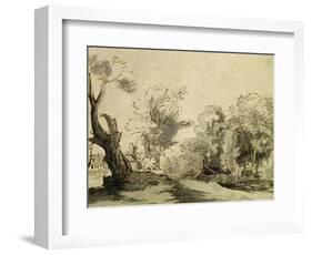 Landscape with a Path, an Almost Dead Tree on the Left and a Footbridge Leading to a Farm-Rembrandt van Rijn-Framed Giclee Print