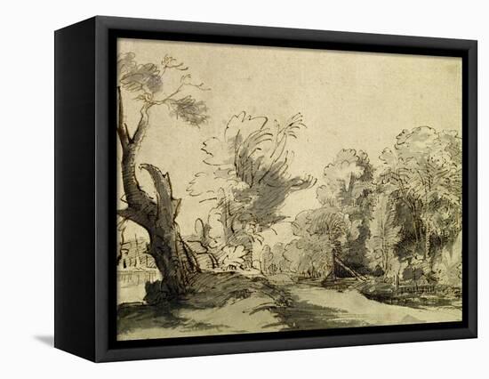 Landscape with a Path, an Almost Dead Tree on the Left and a Footbridge Leading to a Farm-Rembrandt van Rijn-Framed Stretched Canvas