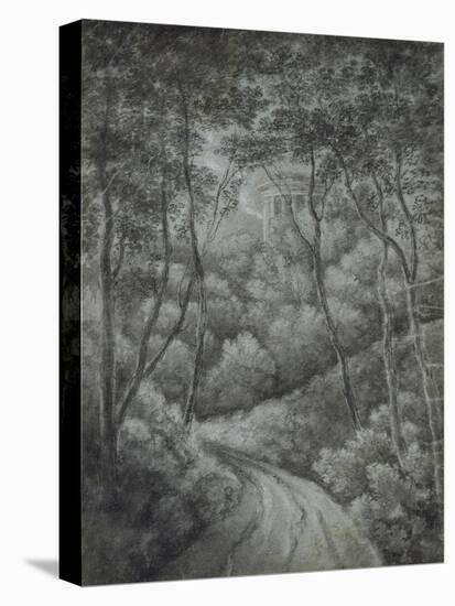 Landscape with a Path Through a Forest and a Classical Temple (Soft Graphite and White Chalk on Blu-John Baptist Malchair-Stretched Canvas