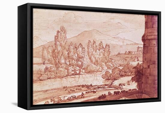 Landscape with a River, a Herd of Cattle and a Herdsman (Pen, W/C and Bistre Wash)-Claude Lorraine-Framed Stretched Canvas