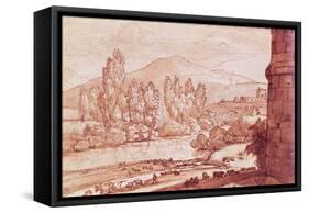 Landscape with a River, a Herd of Cattle and a Herdsman (Pen, W/C and Bistre Wash)-Claude Lorraine-Framed Stretched Canvas