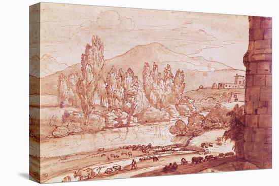 Landscape with a River, a Herd of Cattle and a Herdsman (Pen, W/C and Bistre Wash)-Claude Lorraine-Stretched Canvas