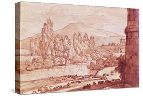 Landscape with a River, a Herd of Cattle and a Herdsman (Pen, W/C and Bistre Wash)-Claude Lorraine-Stretched Canvas