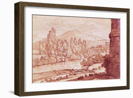 Landscape with a River, a Herd of Cattle and a Herdsman (Pen, W/C and Bistre Wash)-Claude Lorraine-Framed Giclee Print