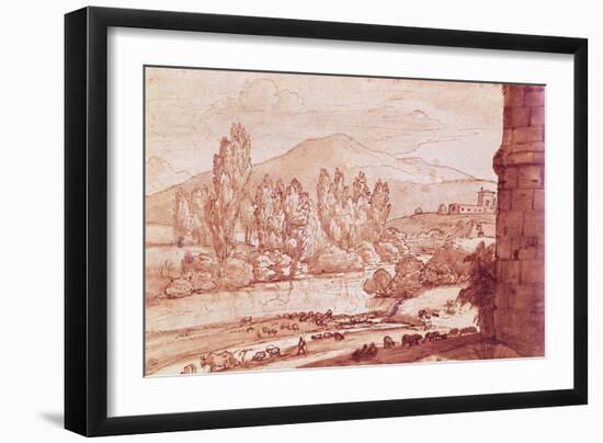 Landscape with a River, a Herd of Cattle and a Herdsman (Pen, W/C and Bistre Wash)-Claude Lorraine-Framed Giclee Print