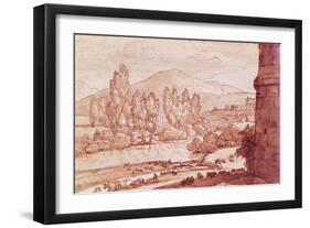 Landscape with a River, a Herd of Cattle and a Herdsman (Pen, W/C and Bistre Wash)-Claude Lorraine-Framed Giclee Print