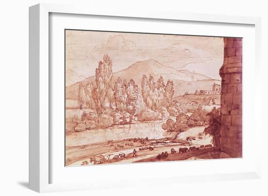 Landscape with a River, a Herd of Cattle and a Herdsman (Pen, W/C and Bistre Wash)-Claude Lorraine-Framed Giclee Print