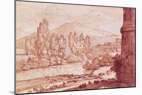 Landscape with a River, a Herd of Cattle and a Herdsman (Pen, W/C and Bistre Wash)-Claude Lorraine-Mounted Giclee Print