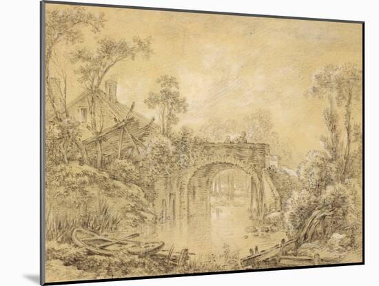 Landscape with a Rustic Bridge, C.1740 (Black Chalk Heightened with White on Cream Laid Paper)-Francois Boucher-Mounted Giclee Print