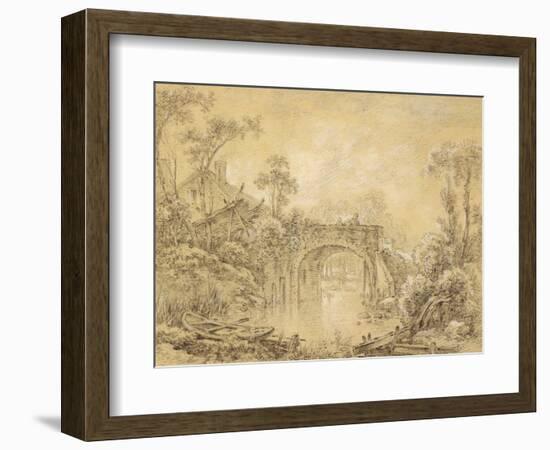 Landscape with a Rustic Bridge, C.1740 (Black Chalk Heightened with White on Cream Laid Paper)-Francois Boucher-Framed Giclee Print