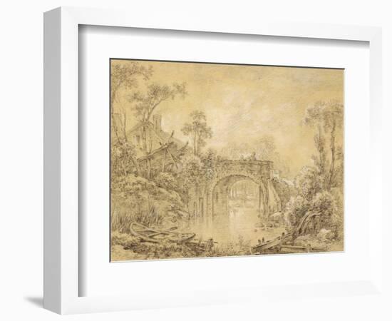 Landscape with a Rustic Bridge, C.1740 (Black Chalk Heightened with White on Cream Laid Paper)-Francois Boucher-Framed Giclee Print