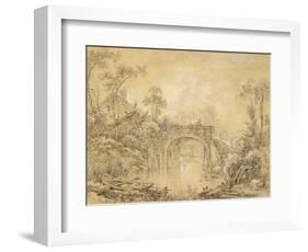 Landscape with a Rustic Bridge, C.1740 (Black Chalk Heightened with White on Cream Laid Paper)-Francois Boucher-Framed Giclee Print