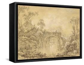 Landscape with a Rustic Bridge, C.1740 (Black Chalk Heightened with White on Cream Laid Paper)-Francois Boucher-Framed Stretched Canvas