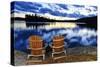 Landscape with Adirondack Chairs on Shore of Relaxing Lake at Sunset in Algonquin Park, Canada-elenathewise-Stretched Canvas