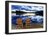 Landscape with Adirondack Chairs on Shore of Relaxing Lake at Sunset in Algonquin Park, Canada-elenathewise-Framed Photographic Print