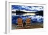 Landscape with Adirondack Chairs on Shore of Relaxing Lake at Sunset in Algonquin Park, Canada-elenathewise-Framed Photographic Print