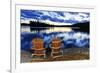 Landscape with Adirondack Chairs on Shore of Relaxing Lake at Sunset in Algonquin Park, Canada-elenathewise-Framed Photographic Print