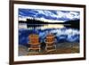 Landscape with Adirondack Chairs on Shore of Relaxing Lake at Sunset in Algonquin Park, Canada-elenathewise-Framed Photographic Print