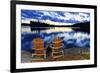 Landscape with Adirondack Chairs on Shore of Relaxing Lake at Sunset in Algonquin Park, Canada-elenathewise-Framed Photographic Print