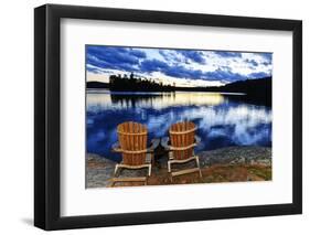 Landscape with Adirondack Chairs on Shore of Relaxing Lake at Sunset in Algonquin Park, Canada-elenathewise-Framed Photographic Print