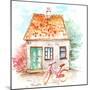 Landscape with an Old House Surrounded by Spring Trees and with a Pink Bike in the Yard Watercolor-LoriOri-Mounted Art Print