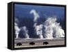 Landscape with Bison and Steam from Geysers, Yellowstone National Park, Wyoming Us-Pete Cairns-Framed Stretched Canvas