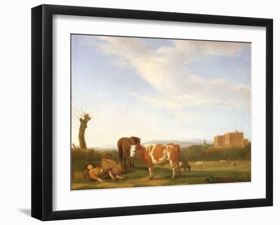 Landscape with Cattle and a Pollarded Tree, 1658 (Oil on Canvas Laid down on Panel)-Adriaen van de Velde-Framed Giclee Print