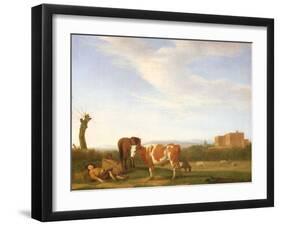 Landscape with Cattle and a Pollarded Tree, 1658 (Oil on Canvas Laid down on Panel)-Adriaen van de Velde-Framed Giclee Print