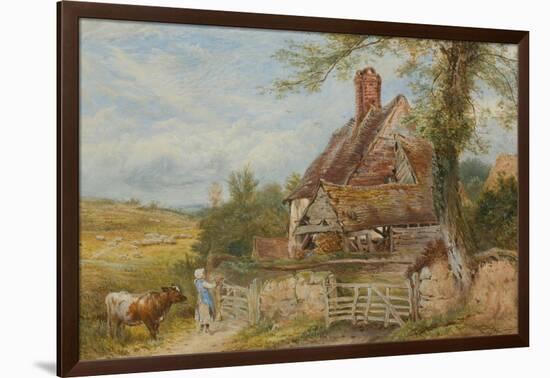 Landscape with Cottage, Girl and Cow (Bodycolour and Pencil on Paper, Pasted on Card)-Myles Birket Foster-Framed Giclee Print