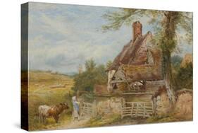 Landscape with Cottage, Girl and Cow (Bodycolour and Pencil on Paper, Pasted on Card)-Myles Birket Foster-Stretched Canvas