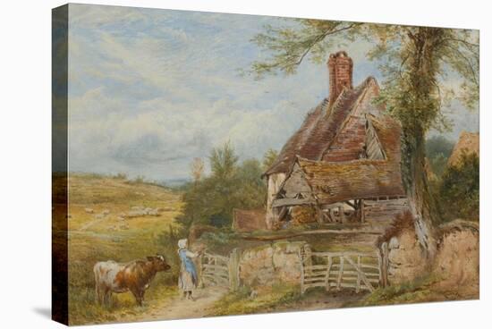 Landscape with Cottage, Girl and Cow (Bodycolour and Pencil on Paper, Pasted on Card)-Myles Birket Foster-Stretched Canvas