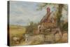 Landscape with Cottage, Girl and Cow (Bodycolour and Pencil on Paper, Pasted on Card)-Myles Birket Foster-Stretched Canvas