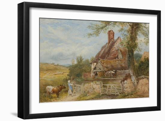 Landscape with Cottage, Girl and Cow (Bodycolour and Pencil on Paper, Pasted on Card)-Myles Birket Foster-Framed Premium Giclee Print