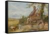 Landscape with Cottage, Girl and Cow (Bodycolour and Pencil on Paper, Pasted on Card)-Myles Birket Foster-Framed Stretched Canvas