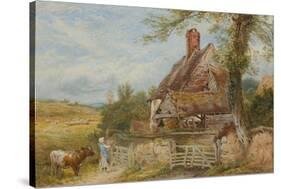 Landscape with Cottage, Girl and Cow (Bodycolour and Pencil on Paper, Pasted on Card)-Myles Birket Foster-Stretched Canvas