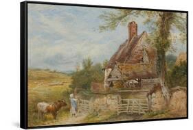 Landscape with Cottage, Girl and Cow (Bodycolour and Pencil on Paper, Pasted on Card)-Myles Birket Foster-Framed Stretched Canvas