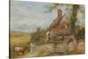 Landscape with Cottage, Girl and Cow (Bodycolour and Pencil on Paper, Pasted on Card)-Myles Birket Foster-Stretched Canvas