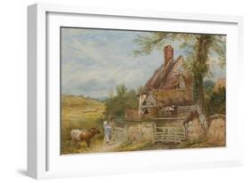 Landscape with Cottage, Girl and Cow (Bodycolour and Pencil on Paper, Pasted on Card)-Myles Birket Foster-Framed Giclee Print